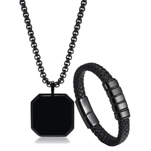 Fashion Frill Valentine Gift For Boyfriend Silver Chain For Men Stainless Steel Square Silver Pendant With Black Leather Bracelet For Men Boys Love Gifts Combo